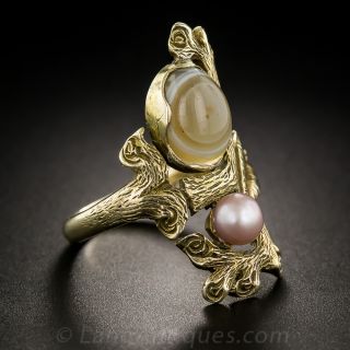 Arts & Crafts Natural Pearl and Agate Ring