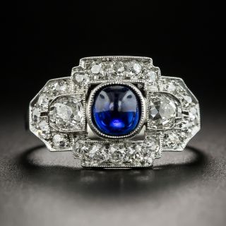 Austrian Art Deco Cabochon Sapphire Diamond Platinum Ring - 2