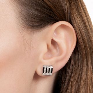 Austrian Art Deco Onyx and Diamond Square Earrings 