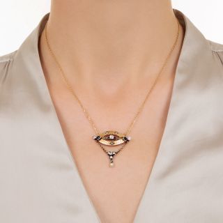 Austro-Hungarian Diamond, Sapphire and Pearl Swag Pendant