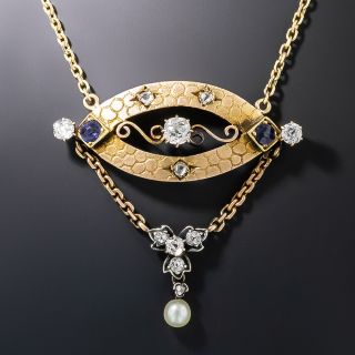 Austro-Hungarian Diamond, Sapphire and Pearl Swag Pendant - 2