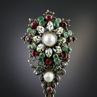 Austro-Hungarian Emerald and Natural Pearl Brooch