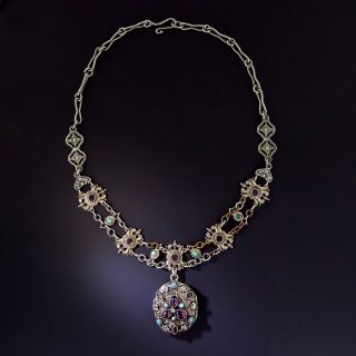Austro-Hungarian Garnet, Turquoise and Citrine Locket Necklace - 1