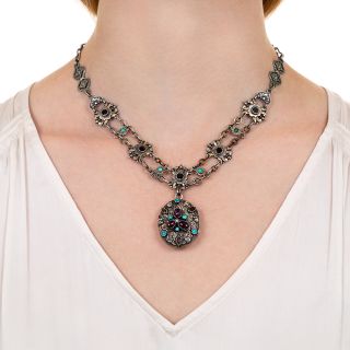 Austro-Hungarian Garnet, Turquoise and Citrine Locket Necklace