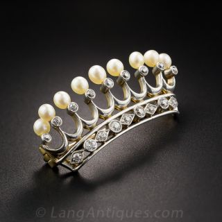 Bailey, Banks & Biddle Diamond and Pearl Crown Brooch