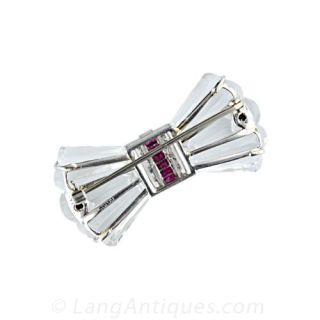 BB&B Art Deco Rock Crystal Ruby and Diamond Bow Pin