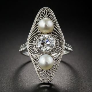 Edwardian Diamond and Natural Pearl Dinner Ring - 6