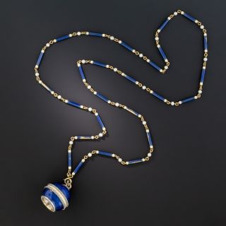 Belle Epoque Guilloche Blue Enamel Diamond Ball Watch and Necklace - 4