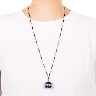 Belle Epoque Guilloche Blue Enamel Diamond Ball Watch and Necklace