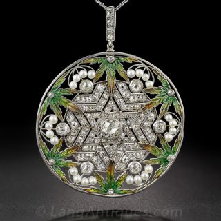 Bélle Epoque Plique-a-Jour Enamel and Diamond Pendant