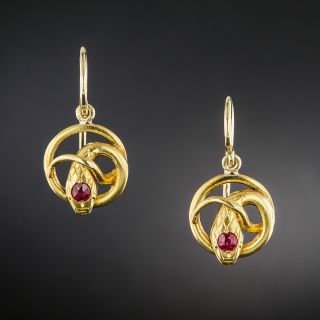 Belle  Époque Ruby-Headed Serpent Earrings, French - 2