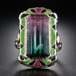 Bi-Colored Tourmaline and Enamel Filigree Ring