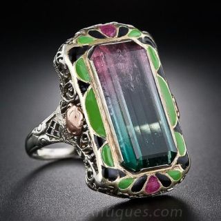 Bi-Colored Tourmaline and Enamel Filigree Ring