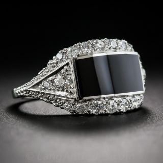 Black Jade, Platinum and Diamond Saddle Ring
