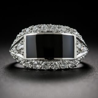 Black Jade, Platinum and Diamond Saddle Ring