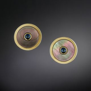 Black Mother-of-Pearl with Sapphires Stud Earrings - 1