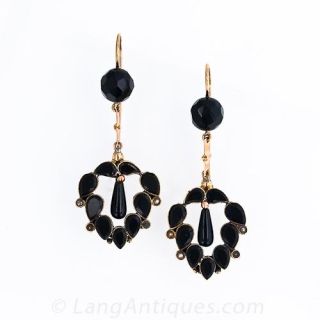 Black Onyx and Seed Pearl Mourning Earrings, American 1870's