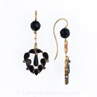 Black Onyx and Seed Pearl Mourning Earrings, American 1870's