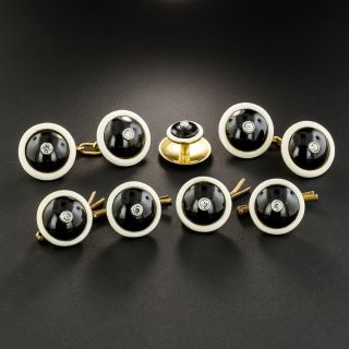 Black Onyx, White Enamel and Diamond Cufflinks and Stud Set - 3