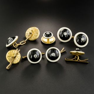 Black Onyx, White Enamel and Diamond Cufflinks and Stud Set