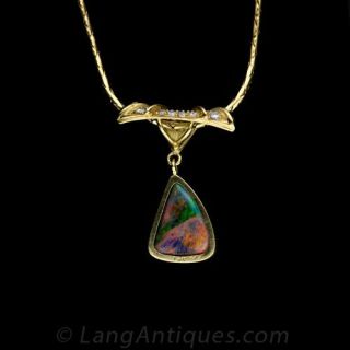 Black Opal, Diamond, 18K Yellow Gold Pendant Necklace