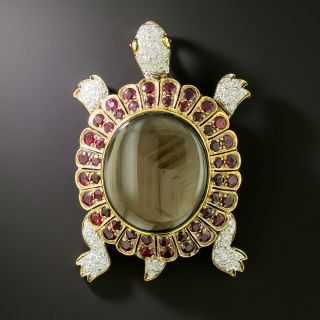 Black Star Sapphire, Ruby and Diamond 18K Turtle Brooch - 2