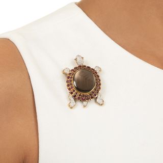 Black Star Sapphire, Ruby and Diamond 18K Turtle Brooch
