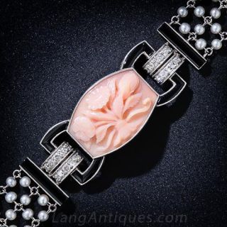 Black Starr & Frost Art Deco Coral, Onyx, Diamond and Seed Pearl Bracelet - 2