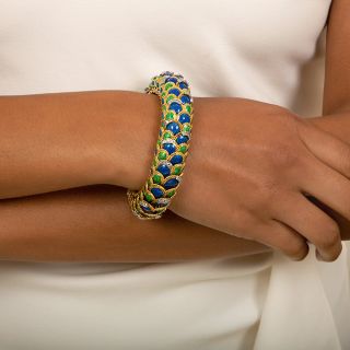 Blue and Green Enamel and Diamond Bracelet