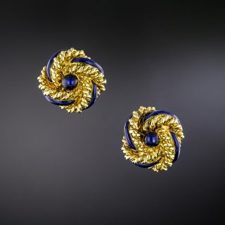 Blue Enamel and Gold Knot Stud Earrings - 1