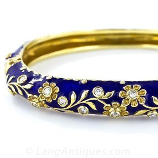 Blue Enamel Bangle Bracelet with Diamonds