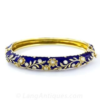 Blue Enamel Bangle Bracelet with Diamonds