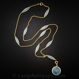 Blue Guilloche Enamel Locket and Chain 