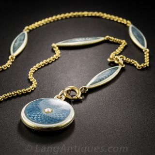 Blue Guilloche Enamel Locket and Chain 
