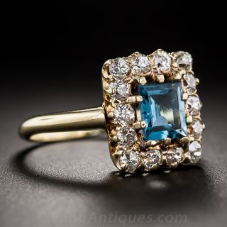 Blue Tourmaline and Mine Cut Diamond Ring