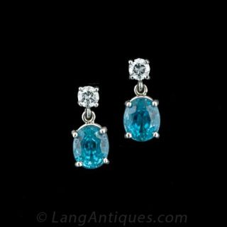 Blue Zircon and Diamond Drop Earrings Main View