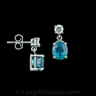 Blue Zircon and Diamond Drop Earrings
