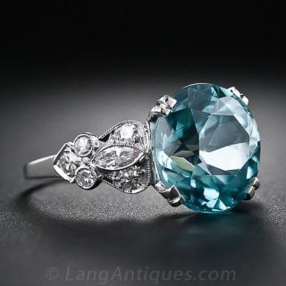 Blue Zircon, Platinum and Diamond Ring