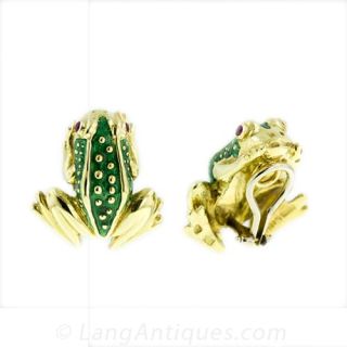 Boris LeBeau Enameled Frog Motif Earrings with Rubies