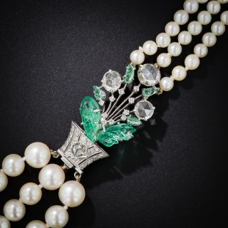 Boucheron Pearl Neckace with Rose-Cut Diamonds and Carved Emeralds
