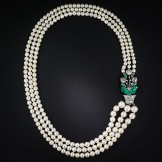 Boucheron Pearl Neckace with Rose-Cut Diamonds and Carved Emeralds