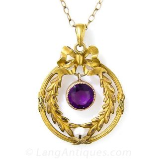 Bow and Wreath Purple Glass and Pearl Pendant