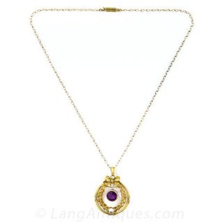 Bow and Wreath Purple Glass and Pearl Pendant