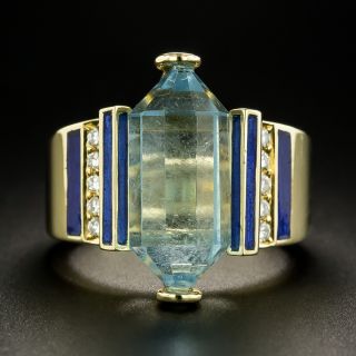 Briolette-Cut Aquamarine, Diamond and Blue Enamel Ring - 2