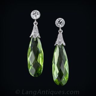 Briolette Cut Peridot and Diamond Drop Earrings