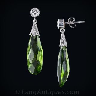 Briolette Cut Peridot and Diamond Drop Earrings