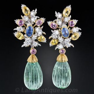 Buccellati Green Beryl, Diamond and Multi-Color Sapphire Earrings