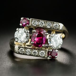 Burmese Ruby and Diamond Three-Stone Ring - 2