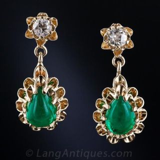 Cabochon Emerald and Diamond Drop Earrings