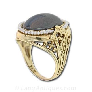 Cabochon Garnet and Seed Pearl Ring